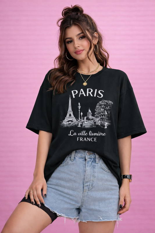 BEFALTU “Paris Cityscape” Oversized Black T-Shirt for Women