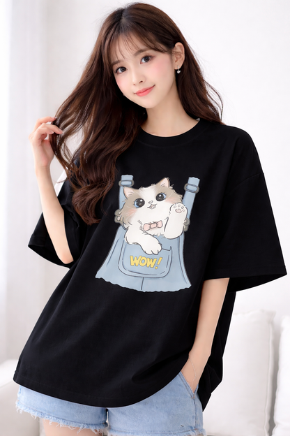 BEFALTU “WOW Cat Pocket” Oversized BLACK T-Shirt for Women