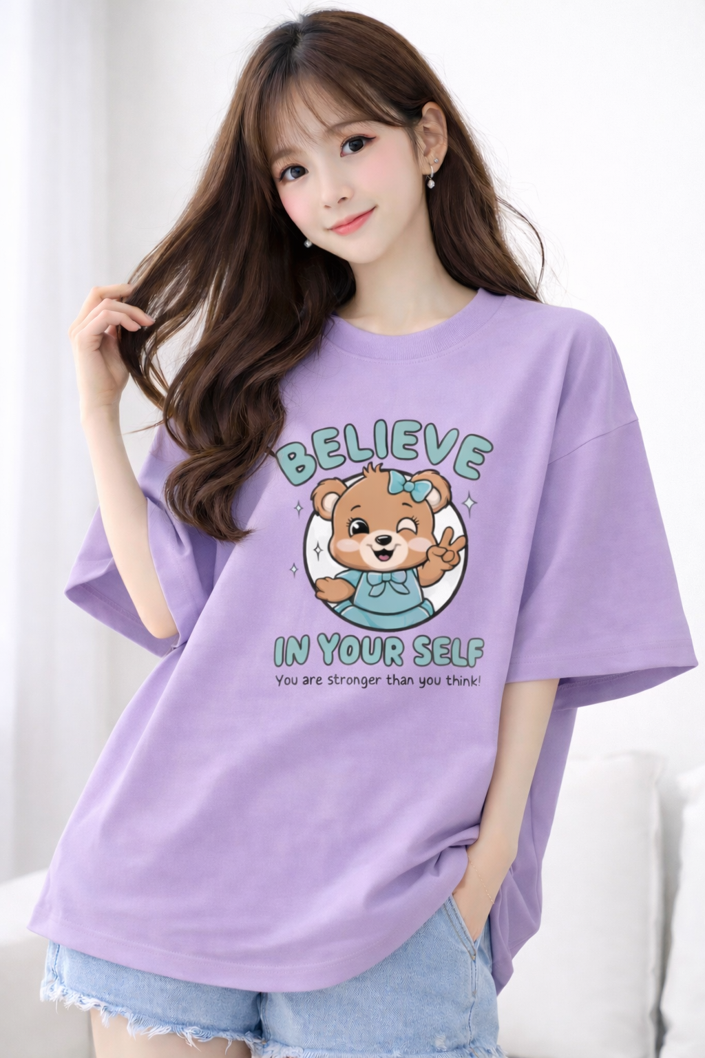 BEFALTU Women Oversized LAVENDER T-Shirt – “Believe in Yourself” Cute Teddy Graphic Print