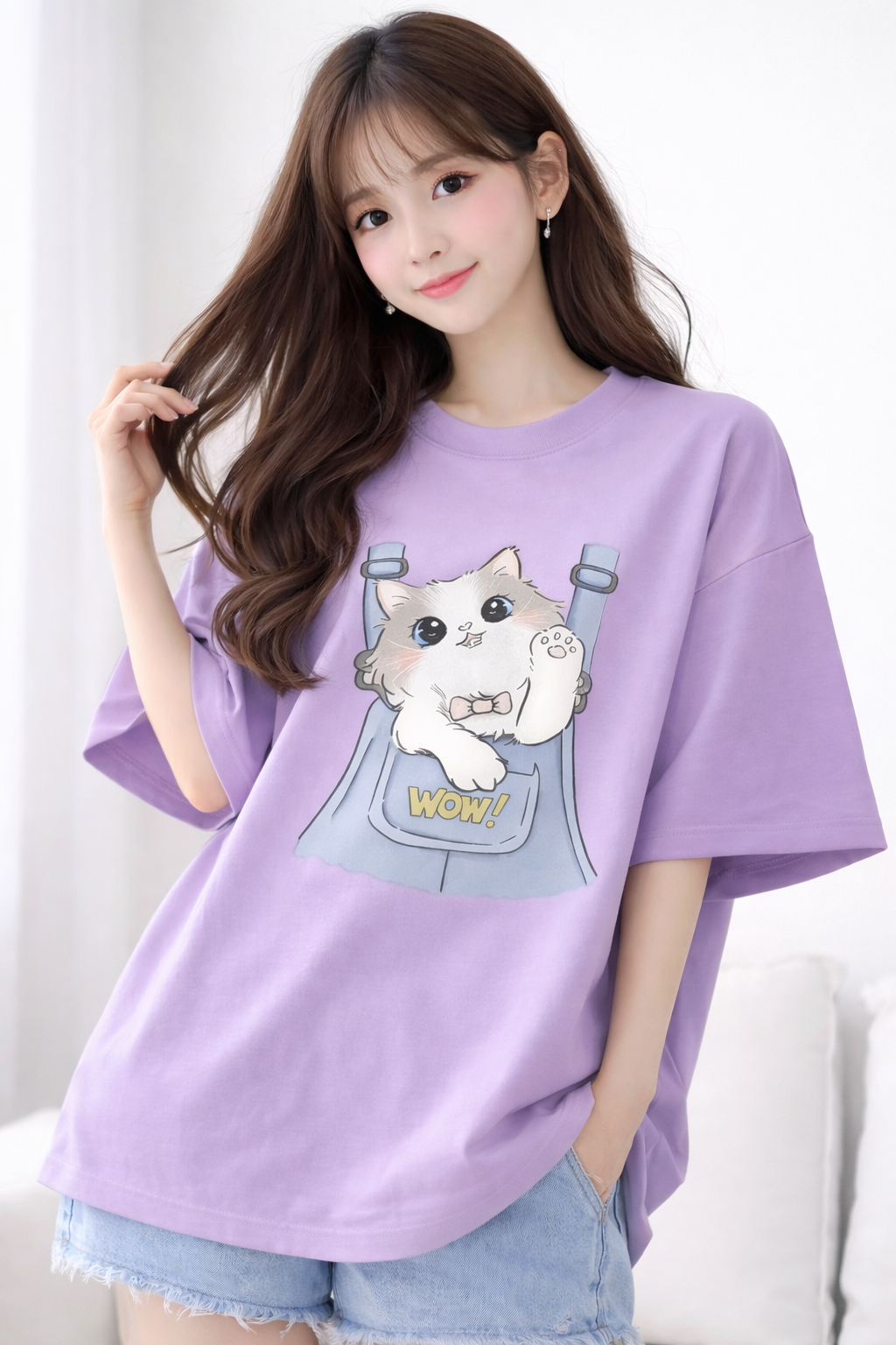 BEFALTU “WOW Cat Pocket” Oversized LAVENDER T-Shirt for Women