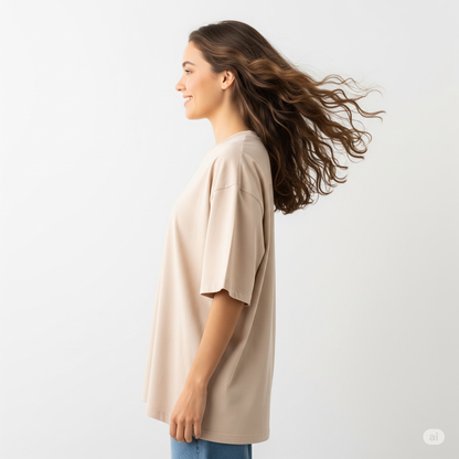 Beige Women's Oversized Fit Crew-Neck T-Shirt - Essential Comfort Tee