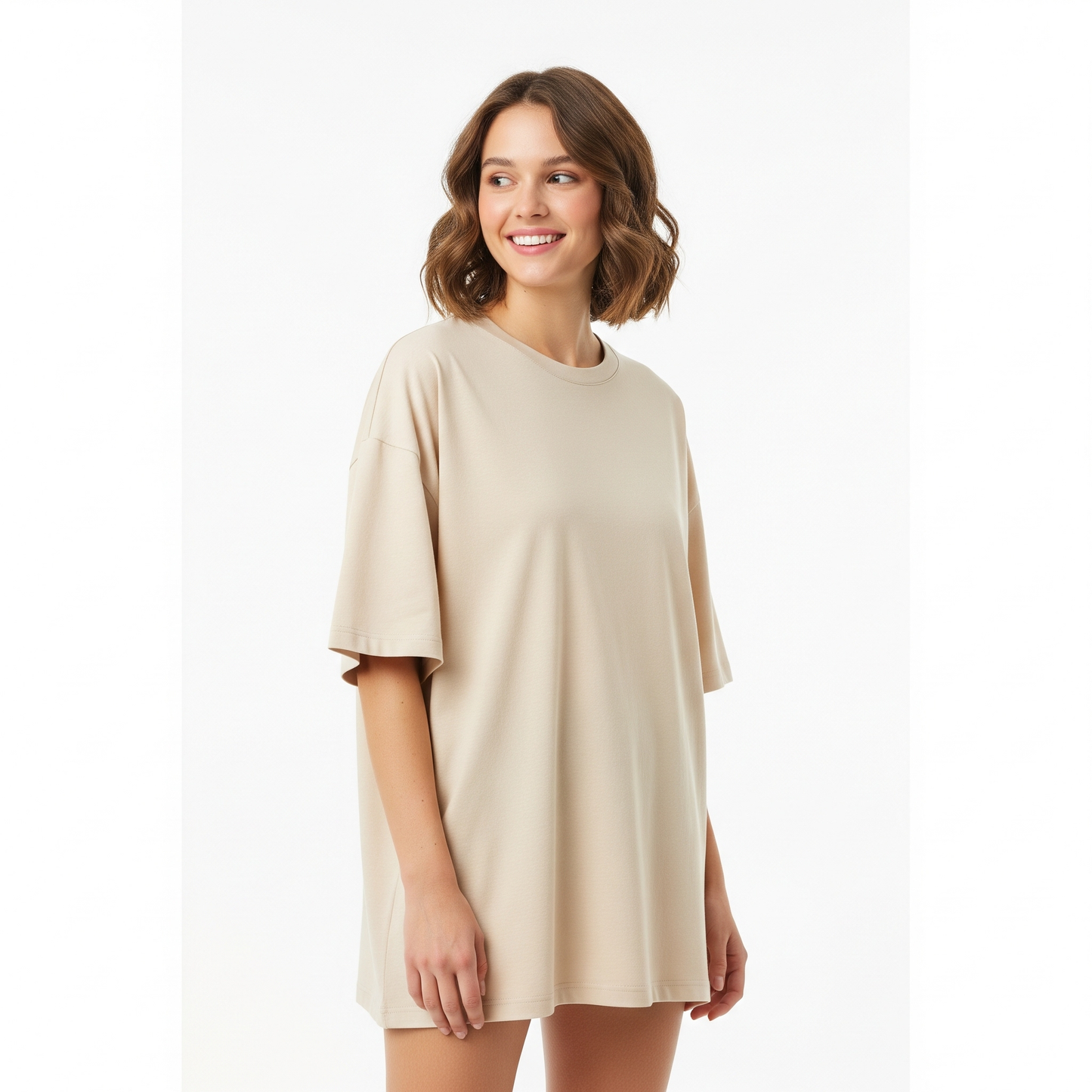 Beige Women's Oversized Fit Crew-Neck T-Shirt - Essential Comfort Tee