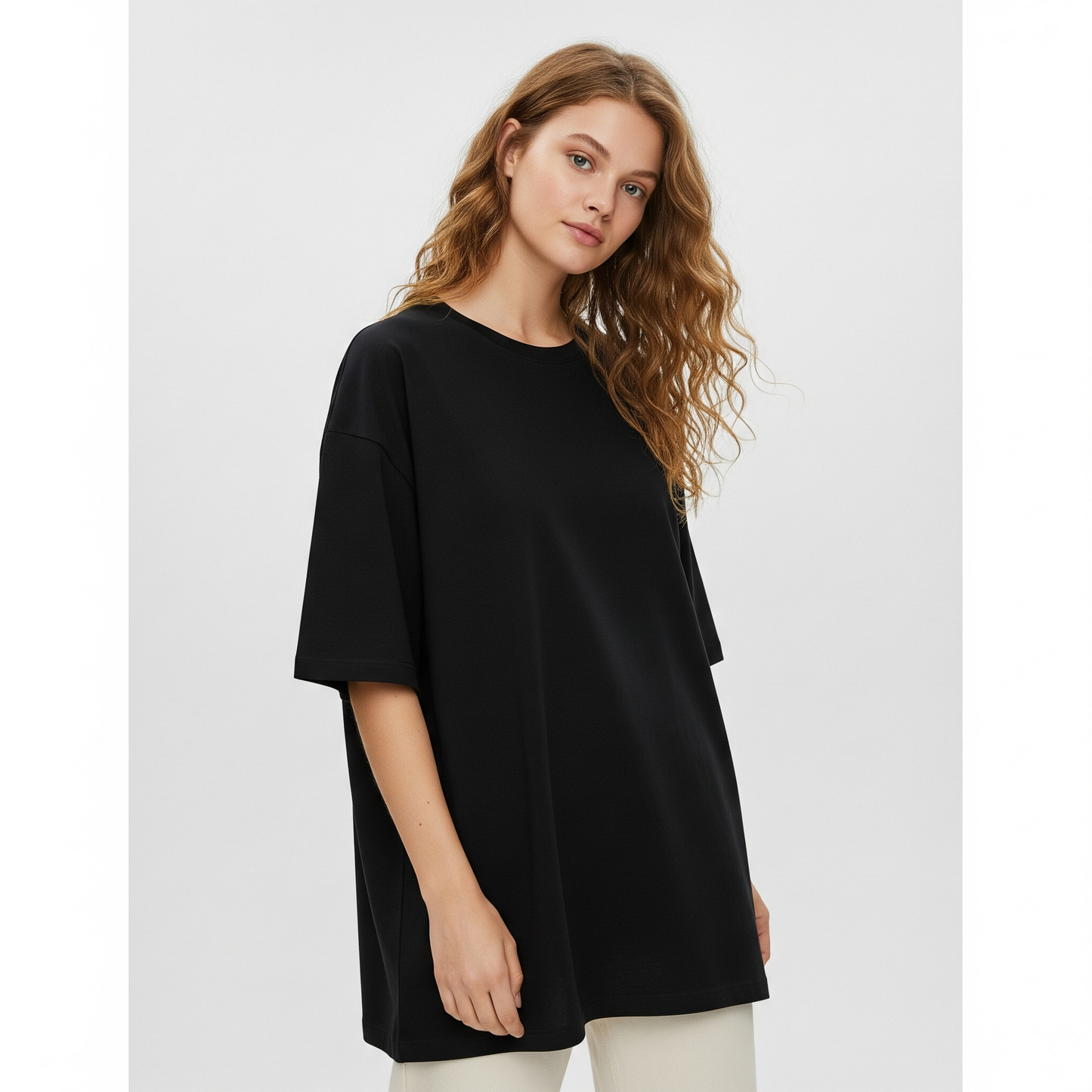 Black Women's Oversized Fit Crew-Neck T-Shirt - Essential Comfort Tee