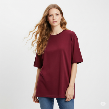 Maroon Women's Oversized Fit Crew-Neck T-Shirt - Essential Comfort Tee
