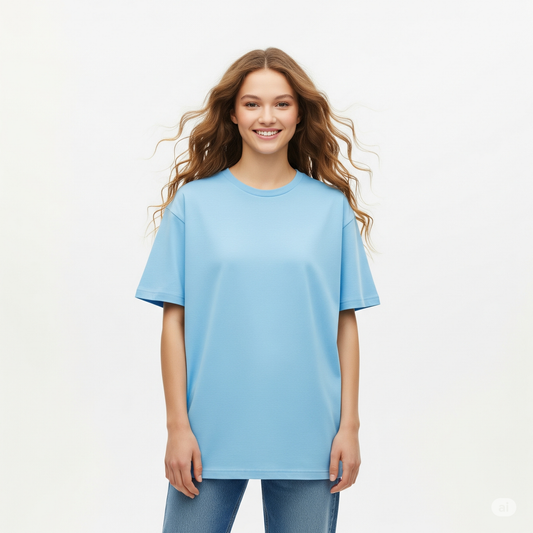 Sky Blue  Women's Oversized Fit Crew-Neck T-Shirt - Essential Comfort Tee