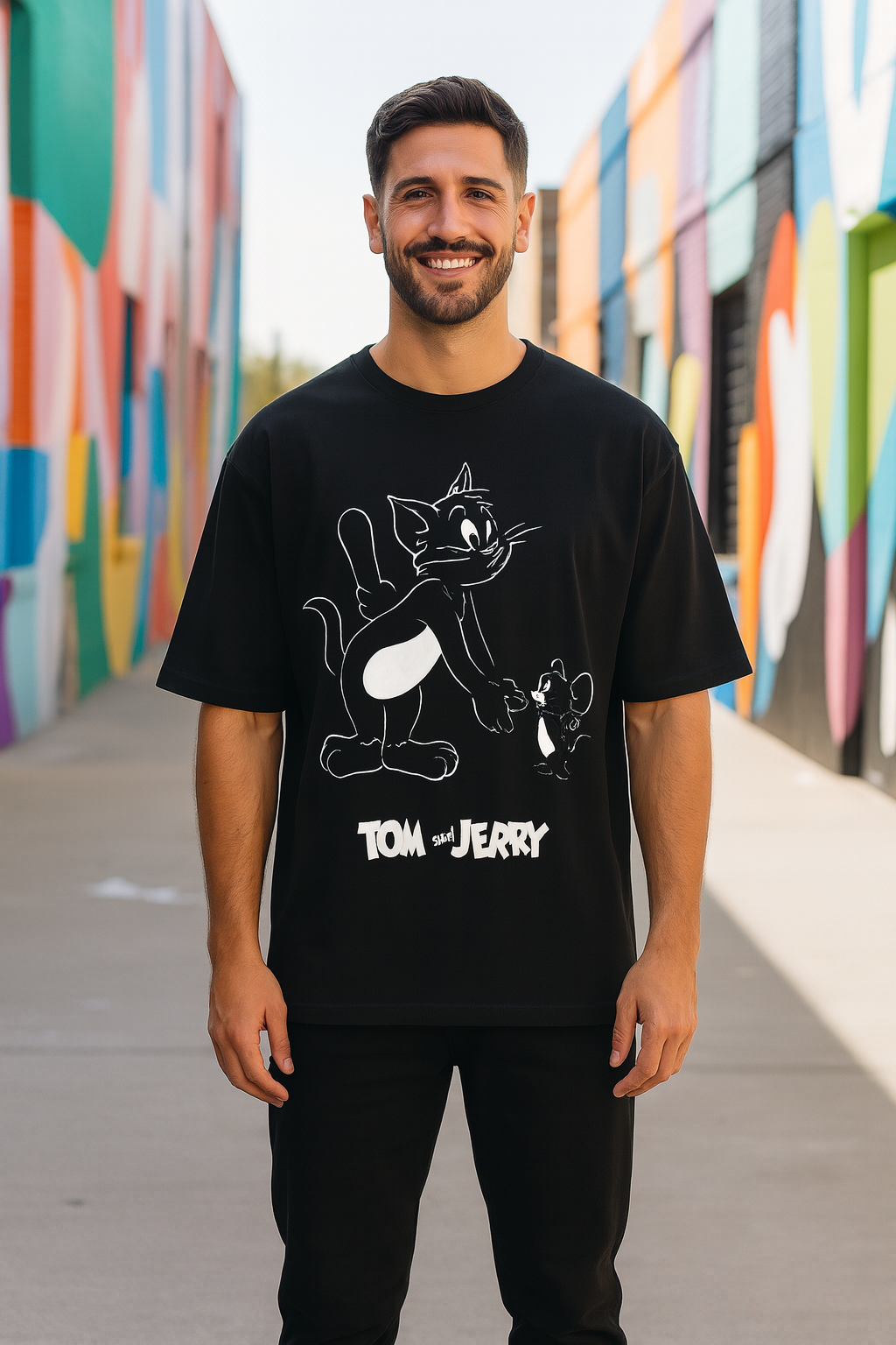 Black Tom and Jerry Classic Chase Oversized T-shirt - Befaltu (Men's Cartoon Tee)