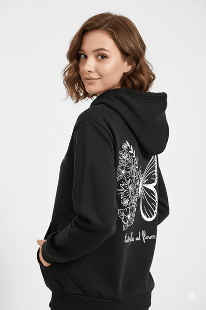 Black Women's Oversized Hooded Sweatshirt (Floral Butterfly Back Graphic) - Befaltu (Butterflies & Dreams Edition) - Befaltu