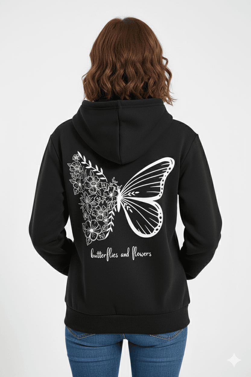 Black Women's Oversized Hooded Sweatshirt (Floral Butterfly Back Graphic) - Befaltu (Butterflies & Dreams Edition) - Befaltu