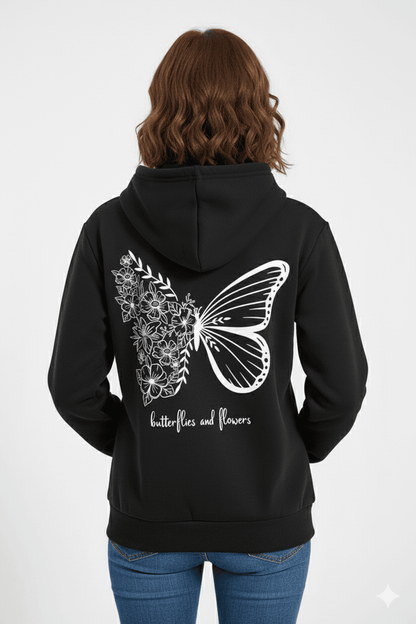 Black Women's Oversized Hooded Sweatshirt (Floral Butterfly Back Graphic) - Befaltu (Butterflies & Dreams Edition) - Befaltu
