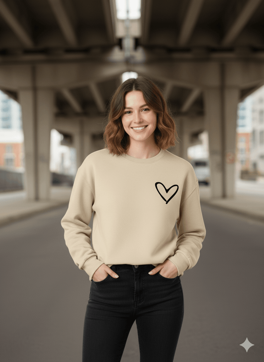 Beige Oversized Fit Crew-Neck Sweatshirt (Heart Graphic) - Befaltu (Love Comfort Sweatshirt) - Befaltu