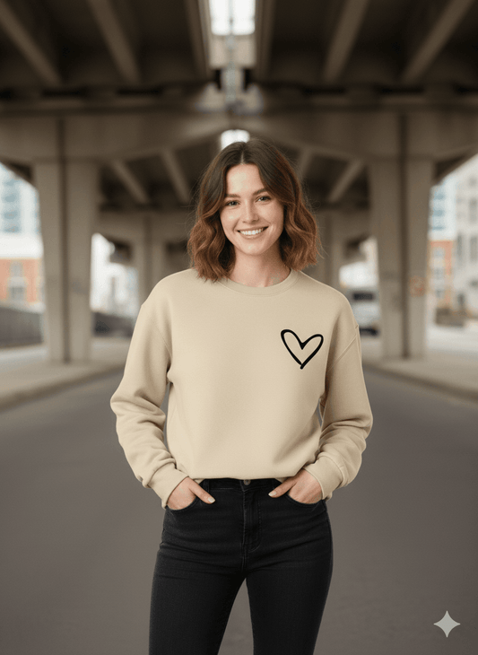 Beige Oversized Fit Crew-Neck Sweatshirt (Heart Graphic) - Befaltu (Love Comfort Sweatshirt) - Befaltu