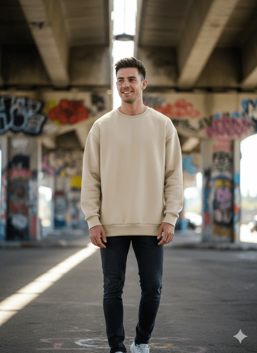 Beige Men's Oversized Fit Crew-Neck Sweatshirt (Plain) - Befaltu (Essential Comfort Sweatshirt) - Befaltu