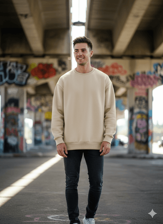 Beige Men's Oversized Fit Crew-Neck Sweatshirt (Plain) - Befaltu (Essential Comfort Sweatshirt) - Befaltu