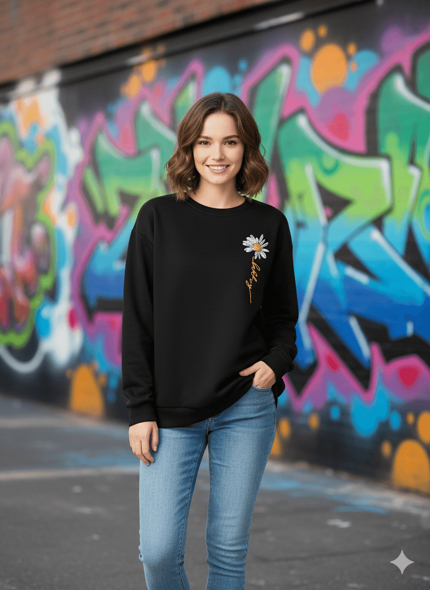 Black Crew-Neck Sweatshirt (Daisy Happy Graphic) - Befaltu (Floral Comfort Sweatshirt) - Befaltu