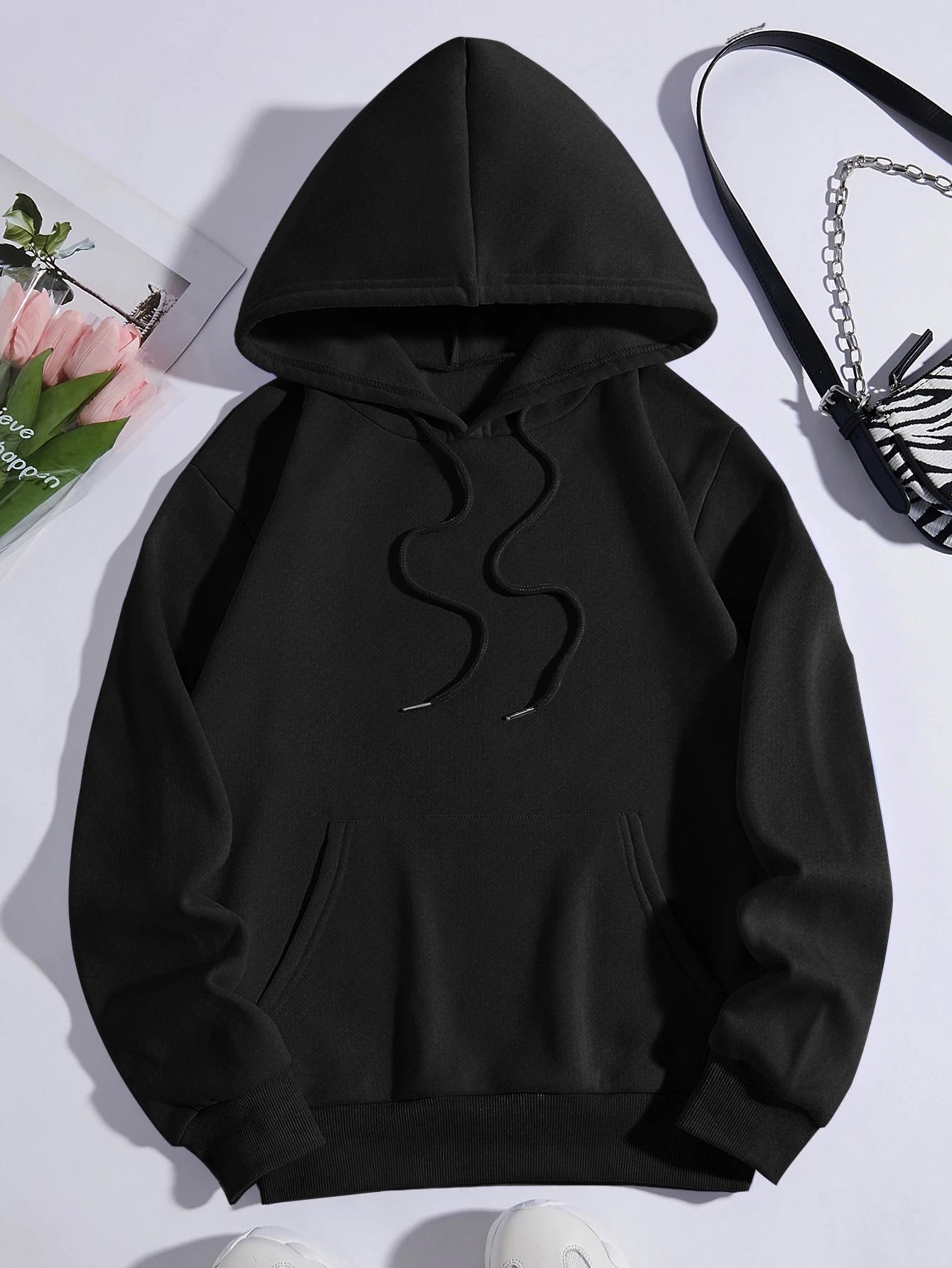 black relaxed fit hoodie, men's women's plain black hoodie, Befaltu essential hoodie, comfortable black sweatshirt, unisex casual hoodie, long sleeve black hoodie, fleece lined hoodie