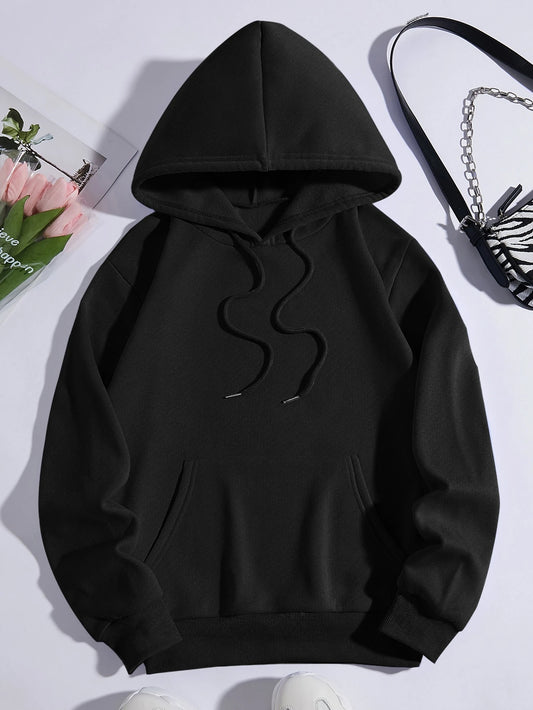 black relaxed fit hoodie, men's women's plain black hoodie, Befaltu essential hoodie, comfortable black sweatshirt, unisex casual hoodie, long sleeve black hoodie, fleece lined hoodie