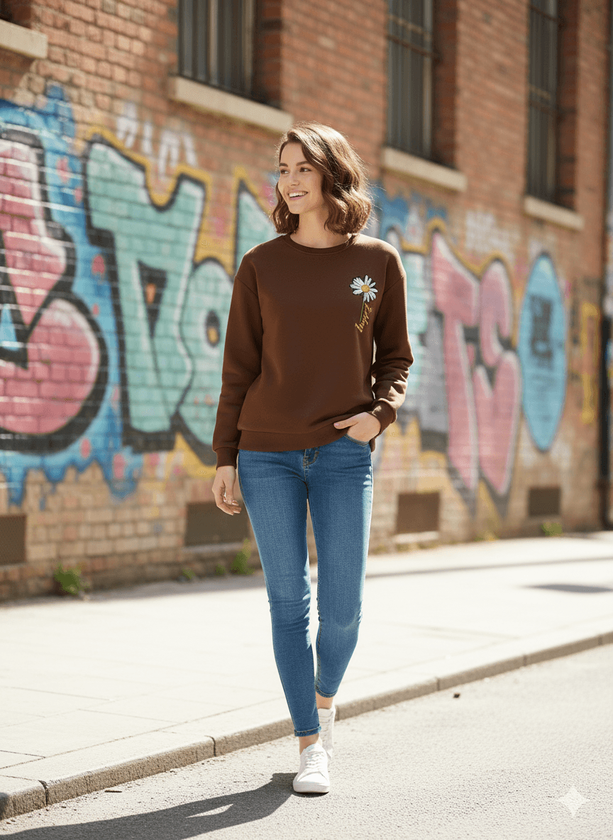 Brown Crew-Neck Sweatshirt (Daisy Happy Graphic) - Befaltu (Floral Comfort Sweatshirt) - Befaltu