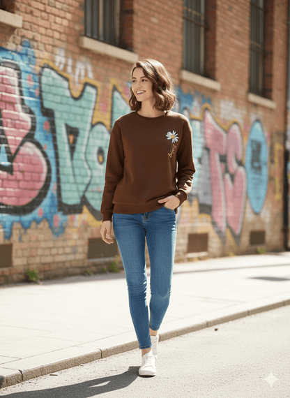 Brown Crew-Neck Sweatshirt (Daisy Happy Graphic) - Befaltu (Floral Comfort Sweatshirt) - Befaltu