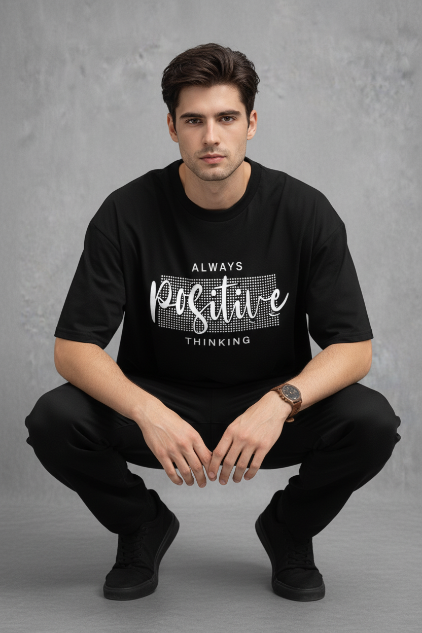 "Always Positive Thinking" Black Oversized Tee