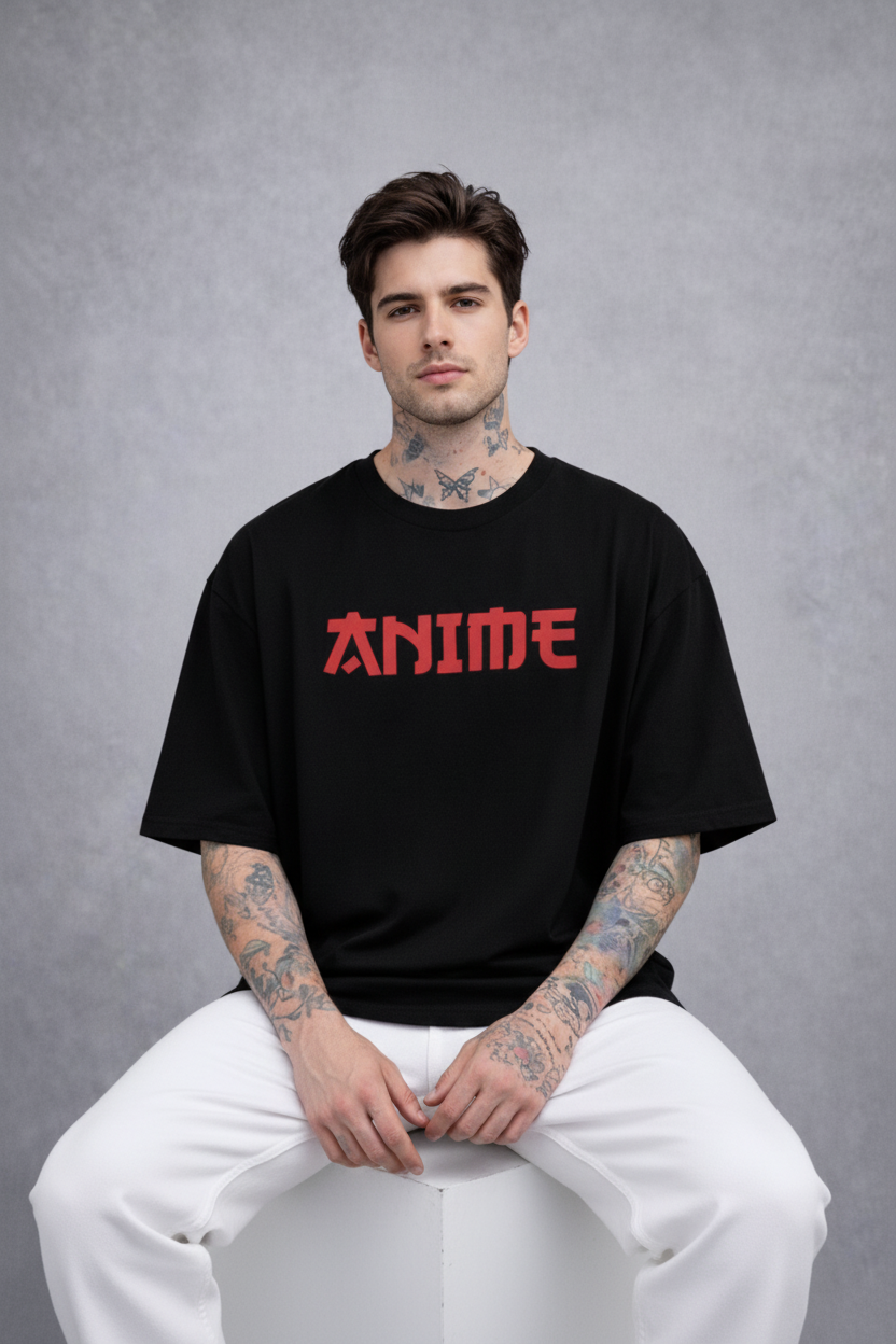 Red Kanji "ANIME" Graphic Oversized T-Shirt - Black Heavyweight Streetwear