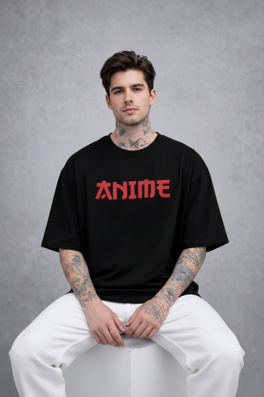 Red Kanji "ANIME" Graphic Oversized T-Shirt - Black Heavyweight Streetwear