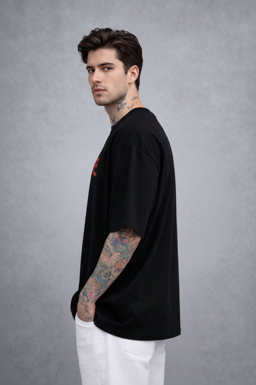 Red Kanji "ANIME" Graphic Oversized T-Shirt - Black Heavyweight Streetwear