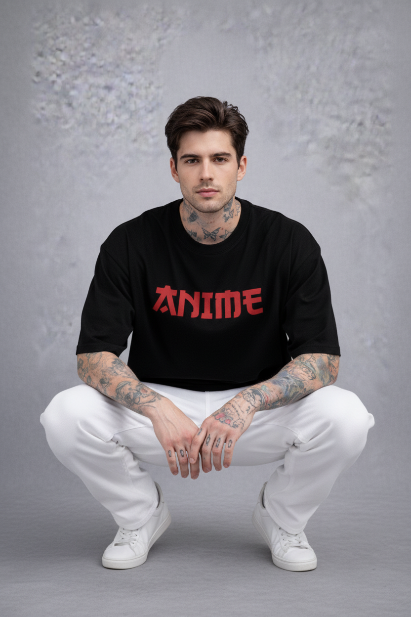 Red Kanji "ANIME" Graphic Oversized T-Shirt - Black Heavyweight Streetwear