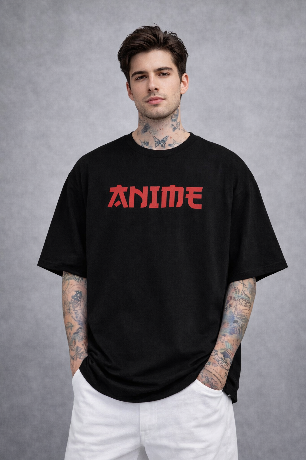 Red Kanji "ANIME" Graphic Oversized T-Shirt - Black Heavyweight Streetwear