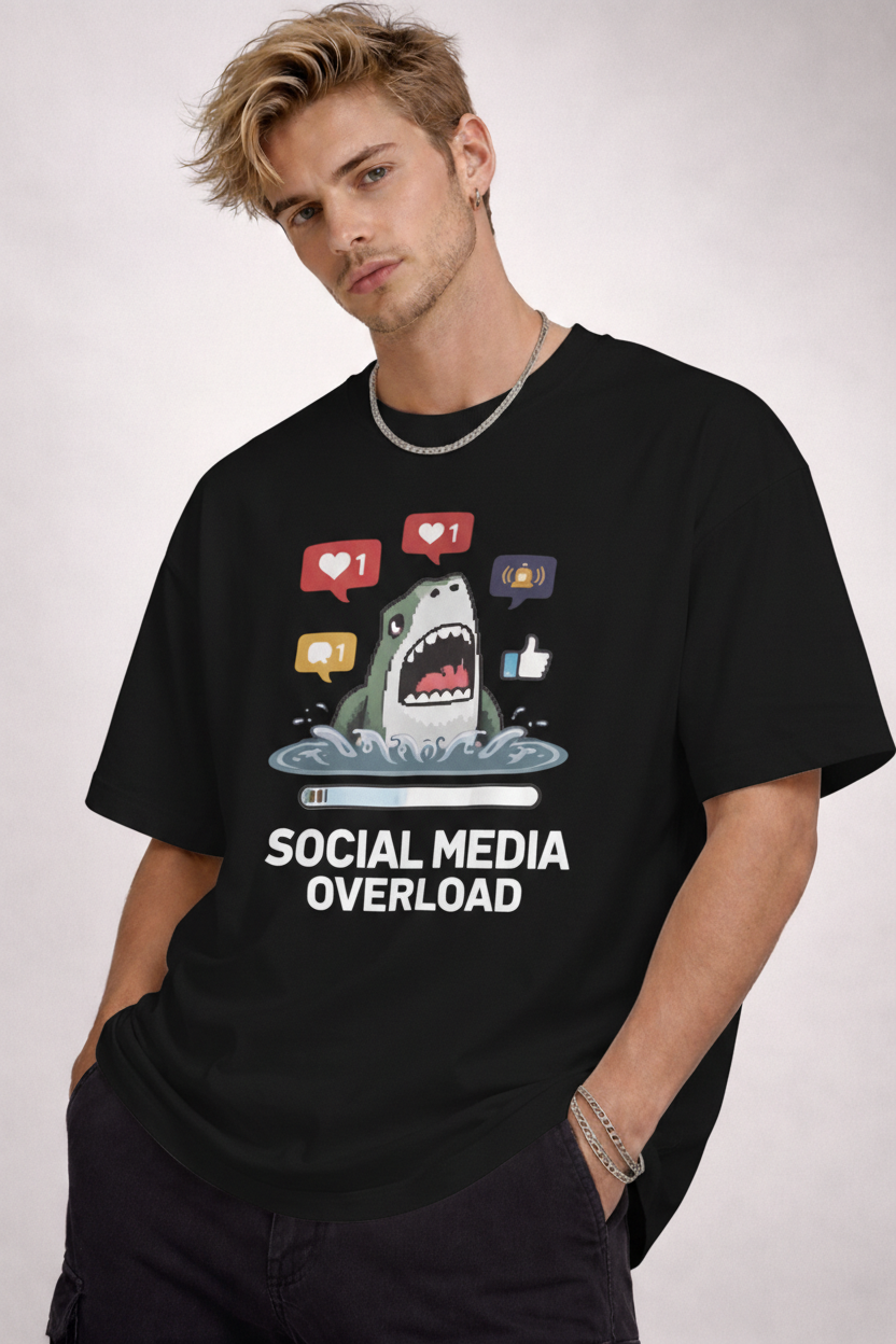 "Social Media Overload" Shark Oversized Tee