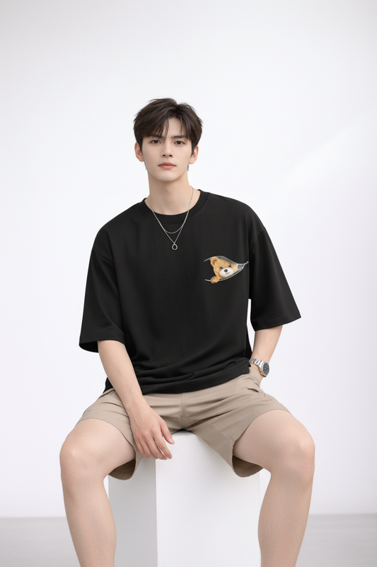 "Zip-A-Bear" Teddy Graphic Oversized T-Shirt - Black Heavyweight Streetwear