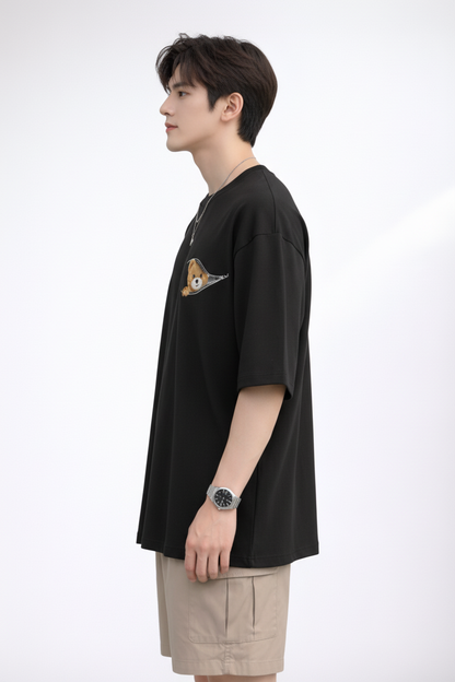 "Zip-A-Bear" Teddy Graphic Oversized T-Shirt - Black Heavyweight Streetwear