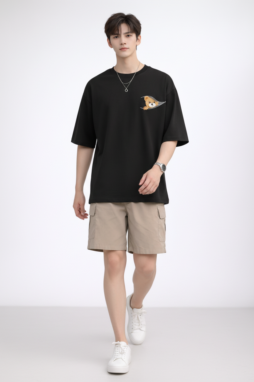"Zip-A-Bear" Teddy Graphic Oversized T-Shirt - Black Heavyweight Streetwear