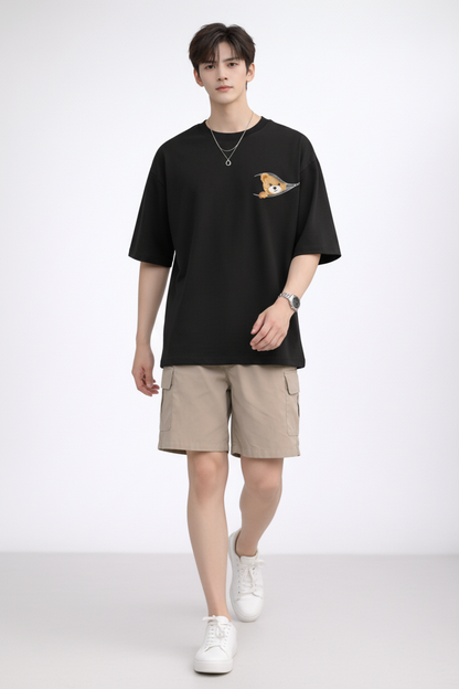 "Zip-A-Bear" Teddy Graphic Oversized T-Shirt - Black Heavyweight Streetwear