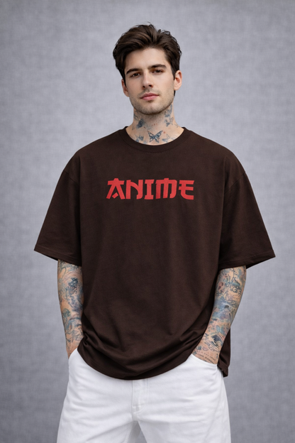 Red Kanji "ANIME" Graphic Oversized T-Shirt - Coffee Brown Heavyweight Streetwear