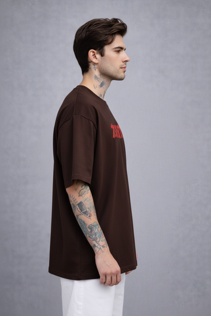 Red Kanji "ANIME" Graphic Oversized T-Shirt - Coffee Brown Heavyweight Streetwear