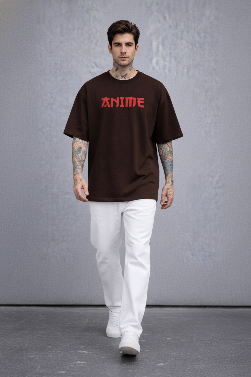Red Kanji "ANIME" Graphic Oversized T-Shirt - Coffee Brown Heavyweight Streetwear