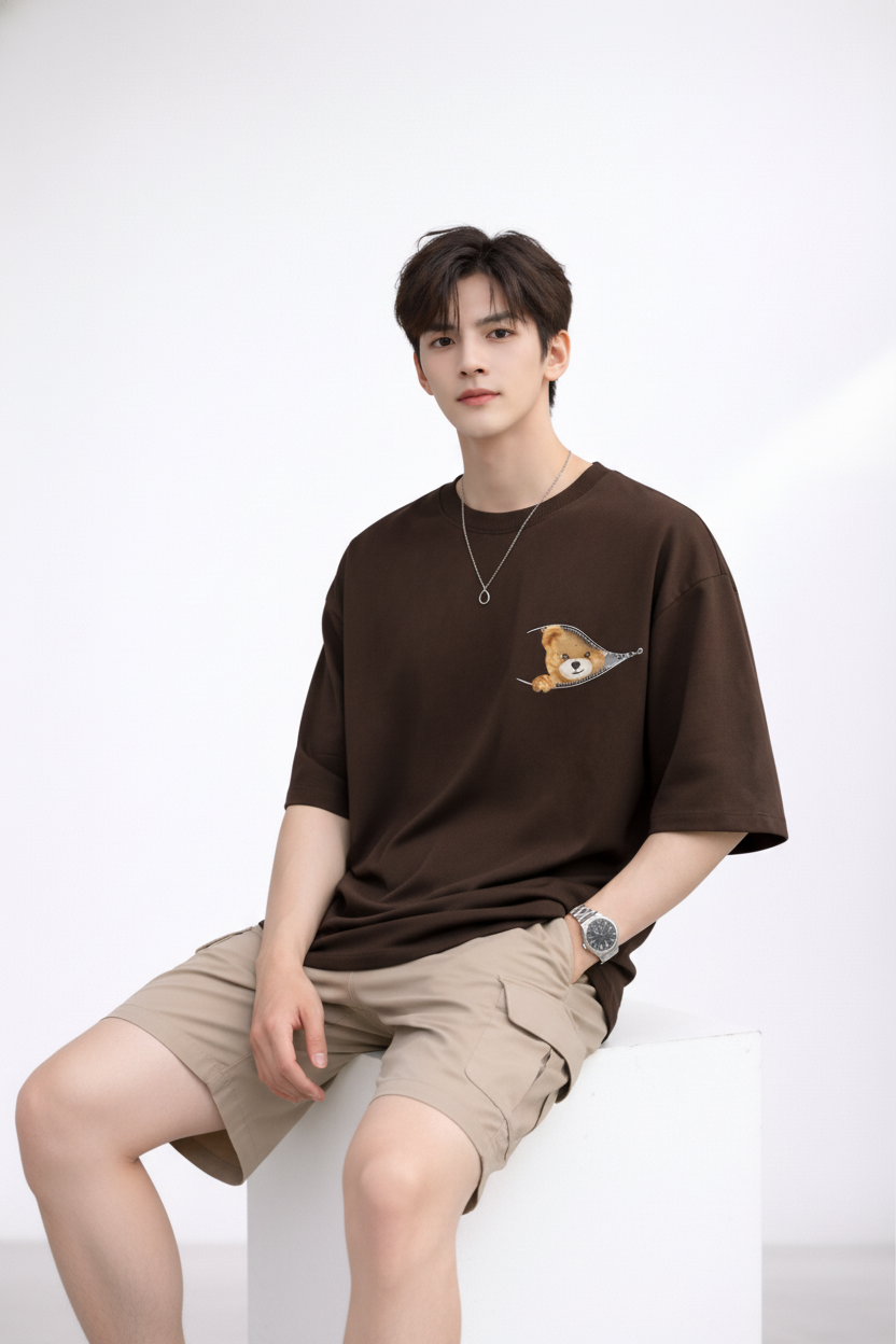 "Zip-A-Bear" Teddy Graphic Oversized T-Shirt - Coffee Brown Heavyweight Streetwear