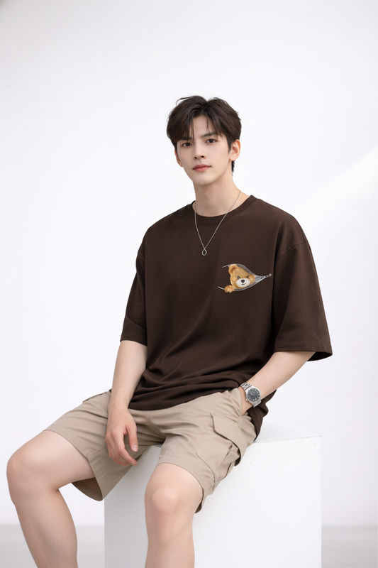 "Zip-A-Bear" Teddy Graphic Oversized T-Shirt - Coffee Brown Heavyweight Streetwear