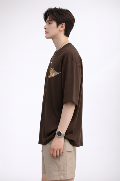 "Zip-A-Bear" Teddy Graphic Oversized T-Shirt - Coffee Brown Heavyweight Streetwear