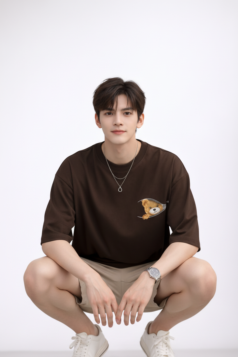 "Zip-A-Bear" Teddy Graphic Oversized T-Shirt - Coffee Brown Heavyweight Streetwear