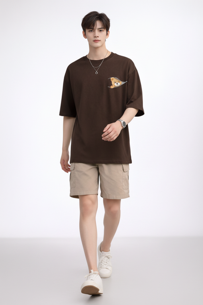 "Zip-A-Bear" Teddy Graphic Oversized T-Shirt - Coffee Brown Heavyweight Streetwear