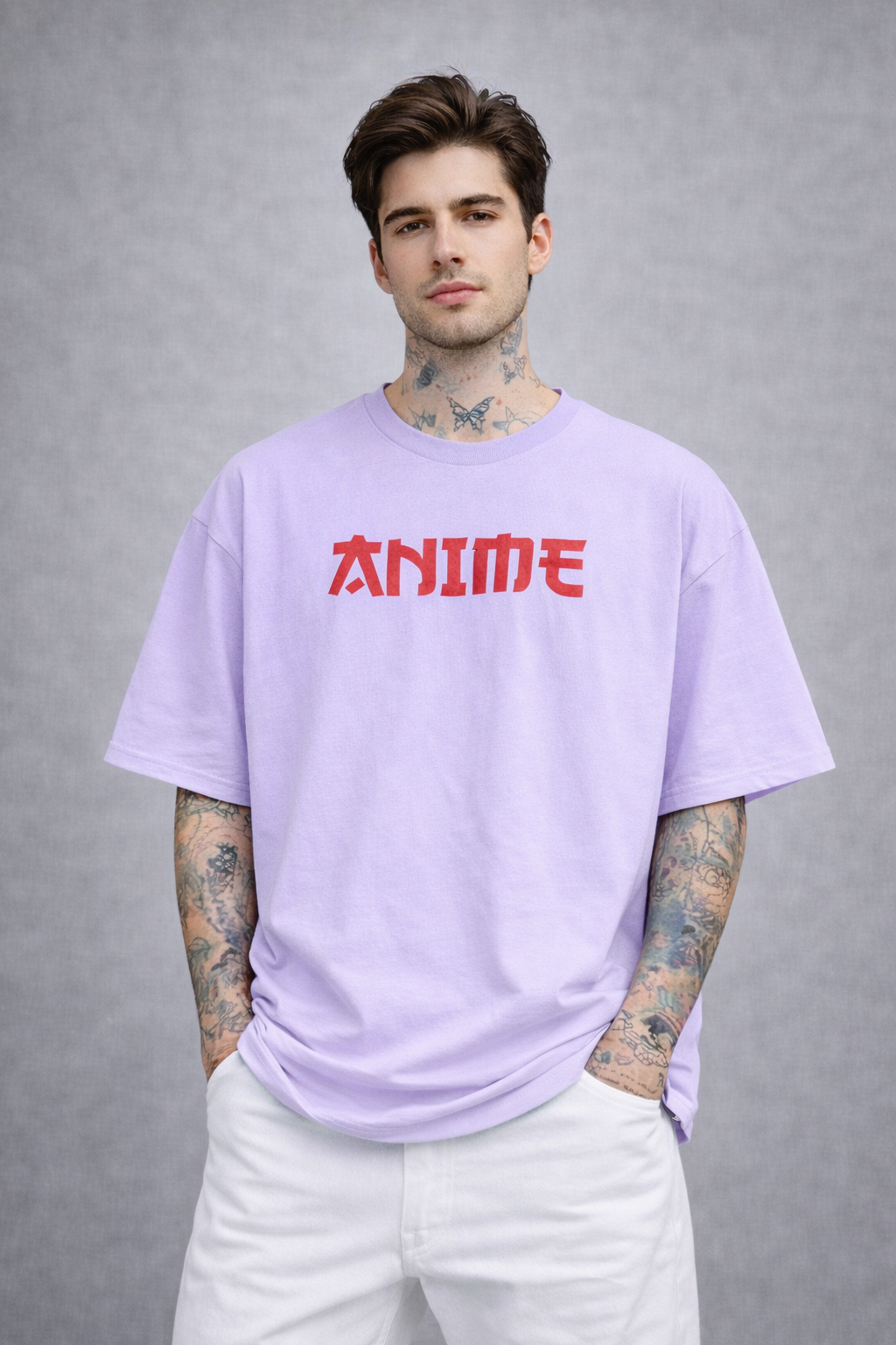 Red Kanji "ANIME" Graphic Oversized T-Shirt - Lavender Heavyweight Streetwear