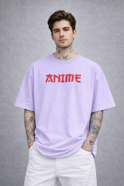 Red Kanji "ANIME" Graphic Oversized T-Shirt - Lavender Heavyweight Streetwear