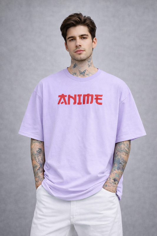 Red Kanji "ANIME" Graphic Oversized T-Shirt - Lavender Heavyweight Streetwear