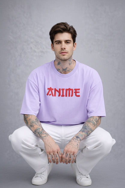 Red Kanji "ANIME" Graphic Oversized T-Shirt - Lavender Heavyweight Streetwear