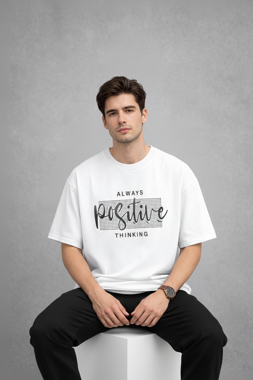 "Always Positive Thinking" White Oversized Tee