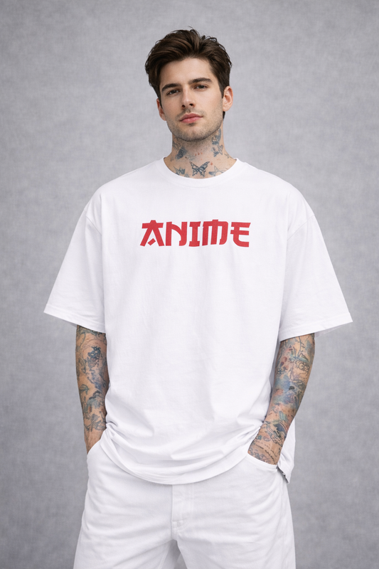 Red Kanji "ANIME" Graphic Oversized T-Shirt - White Heavyweight Streetwear