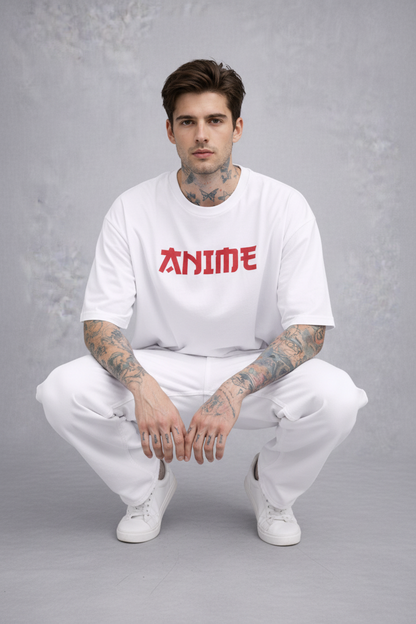 Red Kanji "ANIME" Graphic Oversized T-Shirt - White Heavyweight Streetwear