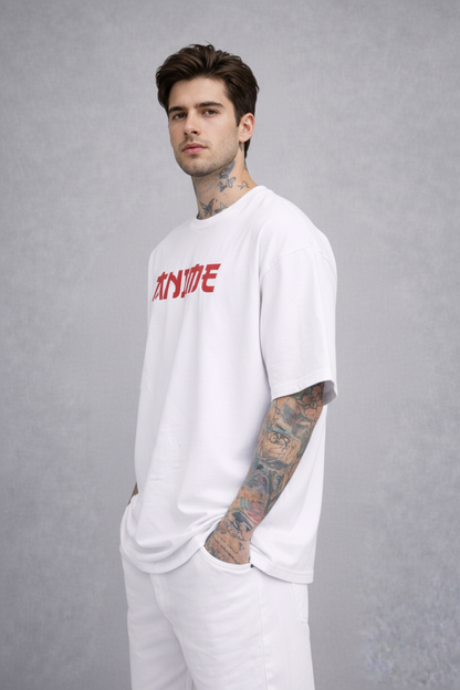 Red Kanji "ANIME" Graphic Oversized T-Shirt - White Heavyweight Streetwear