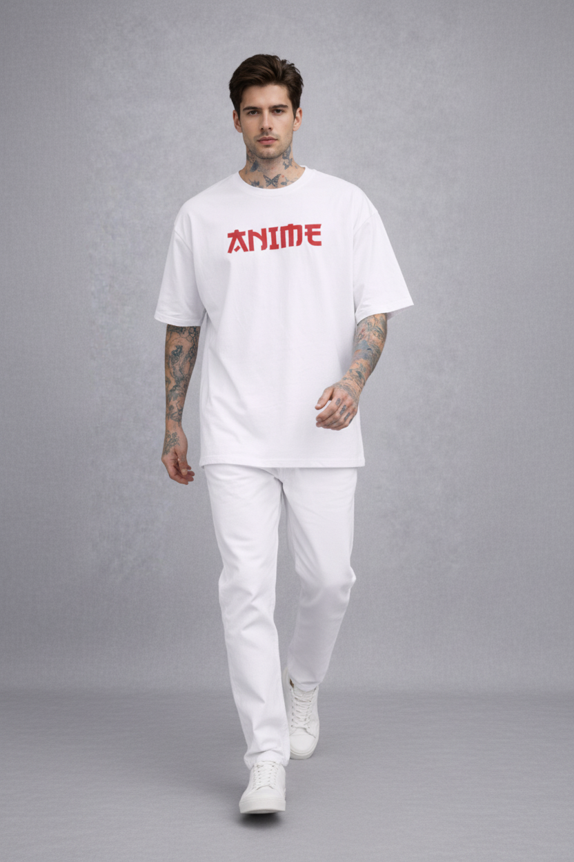 Red Kanji "ANIME" Graphic Oversized T-Shirt - White Heavyweight Streetwear